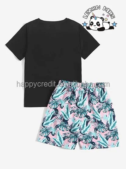 LEZONKIDS - Customized Color Hot Sale Summer Tropical Print Short Sleeve T Shirt and Shorts Boys Casual Set